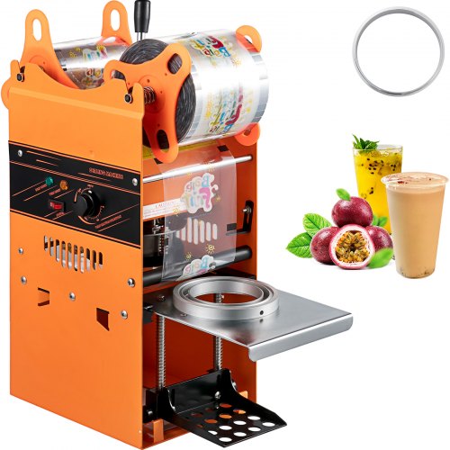 Orange manual tea cup sealer machine for 90/95mm cups, with film roll and sample sealed drinks.