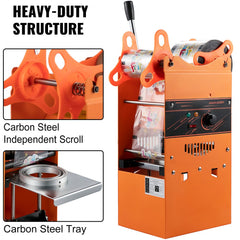 Orange manual tea cup sealer machine with heavy-duty carbon steel structure, lever, and adjustable tray for 90/95mm cups.