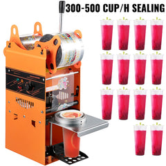 Orange manual tea cup sealer machine for 90/95mm cups, sealing 300-500 cups per hour, with film roll and sealed berry drinks.