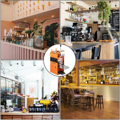 Orange Bostome manual tea cup sealer machine for 90/95mm cups, shown in café settings.