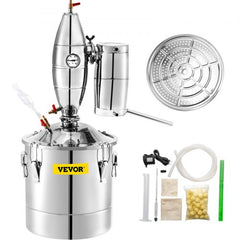 A stainless steel alcohol distiller still kit with various accessories.