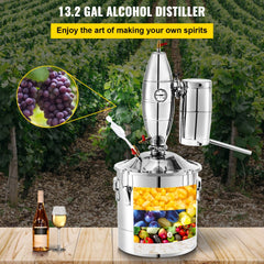 Stainless steel 50L alcohol distiller kit with a rectifying tower and two-stage condenser.
