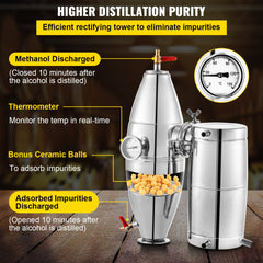 Stainless steel 50L alcohol distiller kit with fermenter, condenser, and accessory tools.