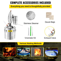 A stainless steel alcohol distiller kit with accessories and various heating methods.