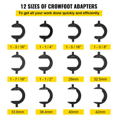 Set of 12 black steel crowfoot adapters in various SAE and metric sizes for 1/2-inch drive tools.