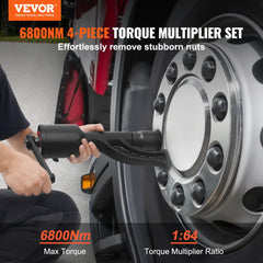 A 1-inch drive torque multiplier wrench set made of alloy steel, with 6800Nm capacity and four sockets in a storage case.