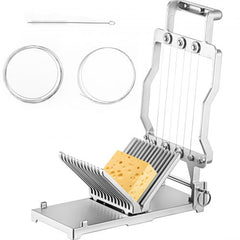Aluminum alloy cheese slicer with adjustable blades and cleaning brush, slicing a block of cheese.