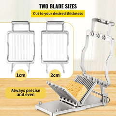 Aluminum cheese slicer with adjustable 1cm and 2cm blades and a sturdy handle.
