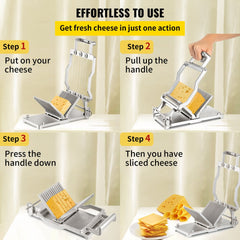 Aluminum cheese slicer with adjustable blades slicing a block of yellow cheese on a white surface.
