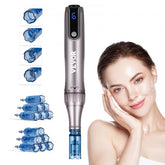Silver M8S microneedling pen with LCD display, adjustable speeds, and multiple blue needle cartridges, shown with a smiling woman touching her face.