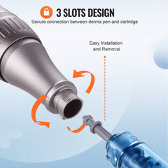 Close-up of the M8S microneedling pen showing the 3-slot cartridge connection and needle tip.