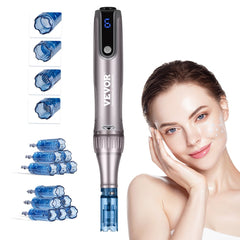 Silver M8S microneedling pen with digital display, adjustable speeds, and multiple blue needle cartridges, shown with a smiling woman touching her face.