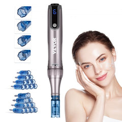 Electric microneedling pen with adjustable speed and multiple cartridge options for skin care.