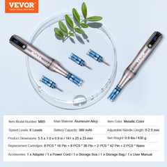 Electric microneedling pen with adjustable speed and multiple cartridge options for skin care.