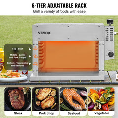 Portable propane steak grill with 1500°F infrared broiler, six adjustable tiers, and stainless steel frame.
