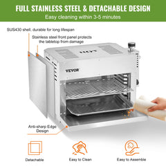 A portable stainless steel propane steak grill with detachable infrared broiler panels and easy-clean design.