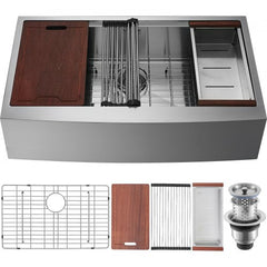 30-inch stainless steel farmhouse drop-in kitchen sink with wood cutting board, drain rack, basket strainer, and grid.