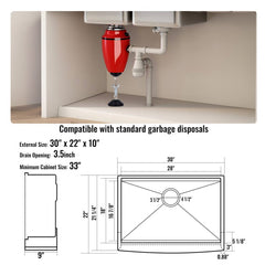 30-inch stainless steel farmhouse drop-in kitchen sink with dimensions and garbage disposal compatibility diagram.