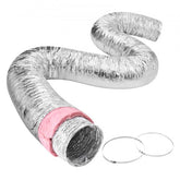 10-inch insulated flexible dryer vent duct, 25 feet long with pink fiberglass insulation and two metal clamps.