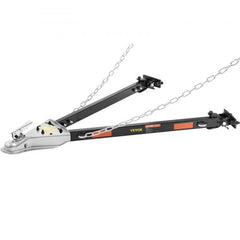 A black and silver alloy steel tow bar with safety chains and reflective stripes.