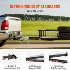 Silver truck towing a black utility trailer on a green field, with close-ups of high-grade bolt, 0.38-inch opening width, and 47-inch chain with reflective tape.