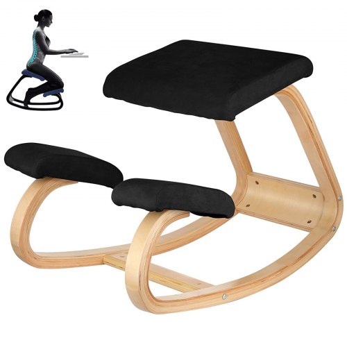 Black ergonomic kneeling chair with bentwood frame and foam cushions for posture support.