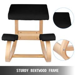 Black ergonomic kneeling chair with bentwood frame and foam cushions for posture support.