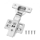 Silver stainless steel full overlay soft close cabinet door hinge with mounting screws.