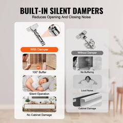 A comparison image showing cabinet hinges with and without built-in silent dampers.