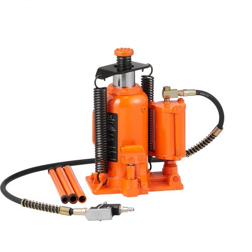 Orange 20-ton air hydraulic bottle jack with 10.4-19.7 inch lift range and accessories.