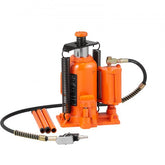 Orange 20-ton air hydraulic bottle jack with 10.4-19.7 inch lift range and accessories.