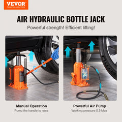 Bostome 20-ton air hydraulic bottle jack with manual handle and air pump for lifting vehicles 10.4 to 19.7 inches.