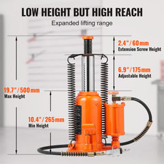 Orange 20-ton air hydraulic bottle jack with adjustable height from 10.4 to 19.7 inches and 2.4-inch extension screw.