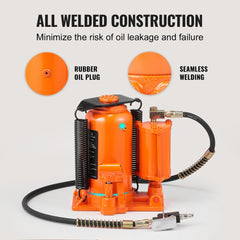 Orange 20-ton air hydraulic bottle jack with all-welded construction and rubber oil plug.
