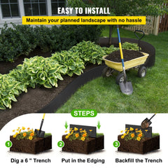 Black recycled HDPE landscape edging, 150ft long and 10in high, flexible for custom designs.