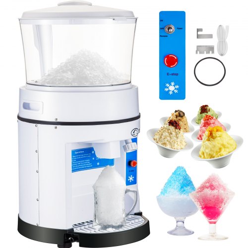 A white commercial ice shaver with a clear hopper full of ice, a control panel, and various shaved ice desserts.