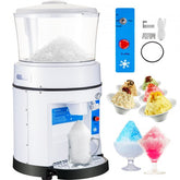 A white commercial ice shaver with a clear hopper full of ice, a control panel, and various shaved ice desserts.
