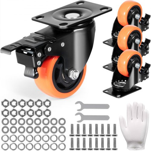 Set of four 3-inch black swivel plate caster wheels with orange PVC tires, locking brakes, and included mounting hardware.