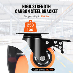Set of four 3-inch black swivel plate caster wheels with orange PVC tires and locking brakes on steel brackets.