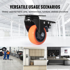 Set of four 3-inch black swivel caster wheels with orange PVC tires and locking brakes on steel plates, shown in warehouse and furniture use.