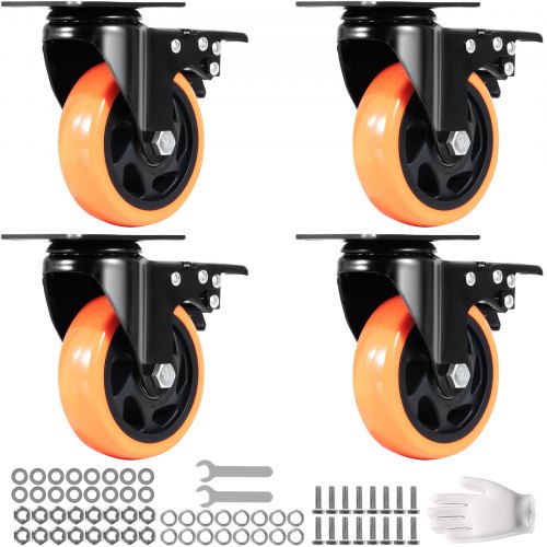 Four orange and black swivel plate caster wheels with mounting hardware and wrenches.