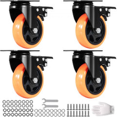 Four orange and black swivel plate caster wheels with mounting hardware and wrenches.