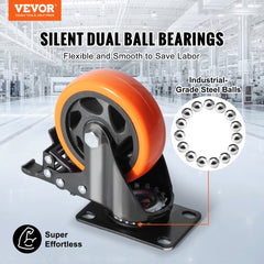 Set of four 4-inch orange PVC swivel plate caster wheels with locking brakes and dual ball bearings.