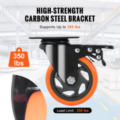 Set of four 4-inch swivel plate caster wheels with PVC tires and locking brakes, supporting 350 lbs each.