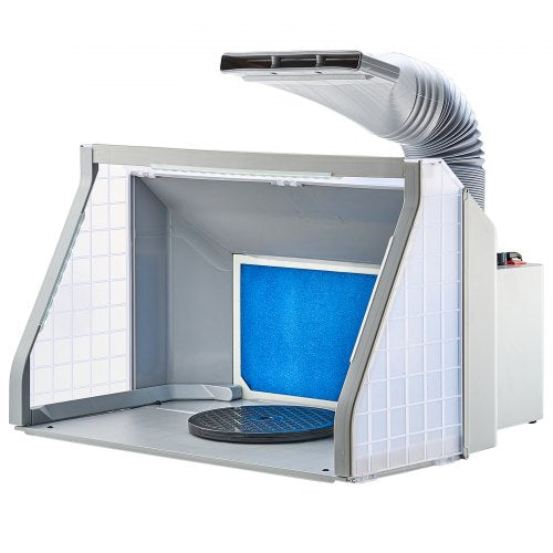 A gray portable airbrush spray booth with a blue filter and an exhaust hose.
