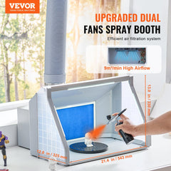 Portable dual-fan airbrush spray booth with exhaust hose, filter, turntable, and LED lights.