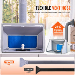 Portable airbrush spray booth with dual fans, 5.6 ft flexible exhaust hose, blue filter, turntable, and LED lights.