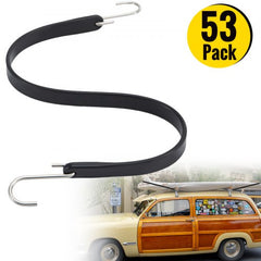 A pack of 53 heavy-duty rubber bungee cords, each 21 inches long with stainless steel S-hooks.