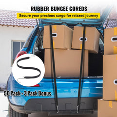 Pack of 53 rubber bungee cords, each 21 inches long, with stainless steel S-hooks.