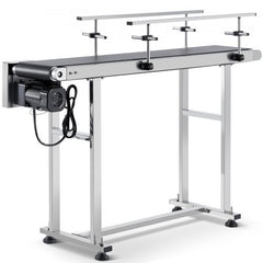 Bostome 47" stainless steel motorized belt conveyor with adjustable speed and PVC belt.